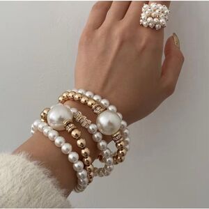 NWT Gorgeous Stackable Faux Pearls & gold Tone beats Stretch bracelet 5 Pc set